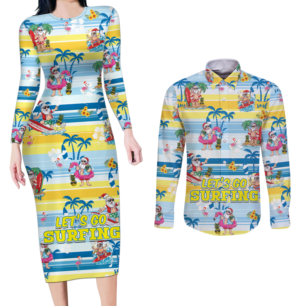 Surfing Christmas Couples Matching Long Sleeve Bodycon Dress and Long Sleeve Button Shirt Tropical Santa Let's Go Surfing DT02 Art - Polynesian Pride