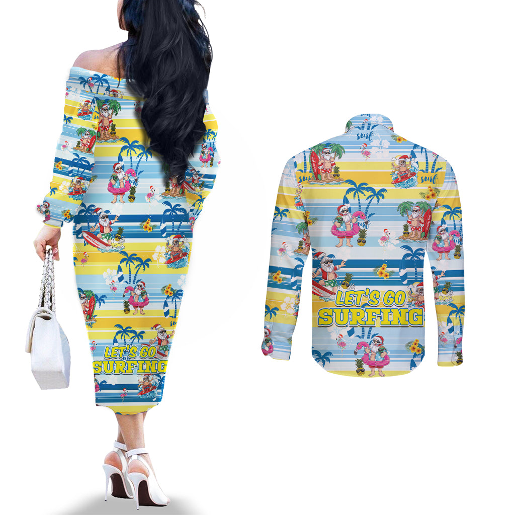 Surfing Christmas Couples Matching Off The Shoulder Long Sleeve Dress and Long Sleeve Button Shirt Tropical Santa Let's Go Surfing DT02 - Polynesian Pride