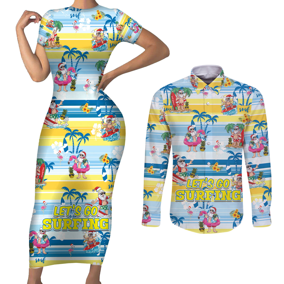 Surfing Christmas Couples Matching Short Sleeve Bodycon Dress and Long Sleeve Button Shirt Tropical Santa Let's Go Surfing DT02 Art - Polynesian Pride