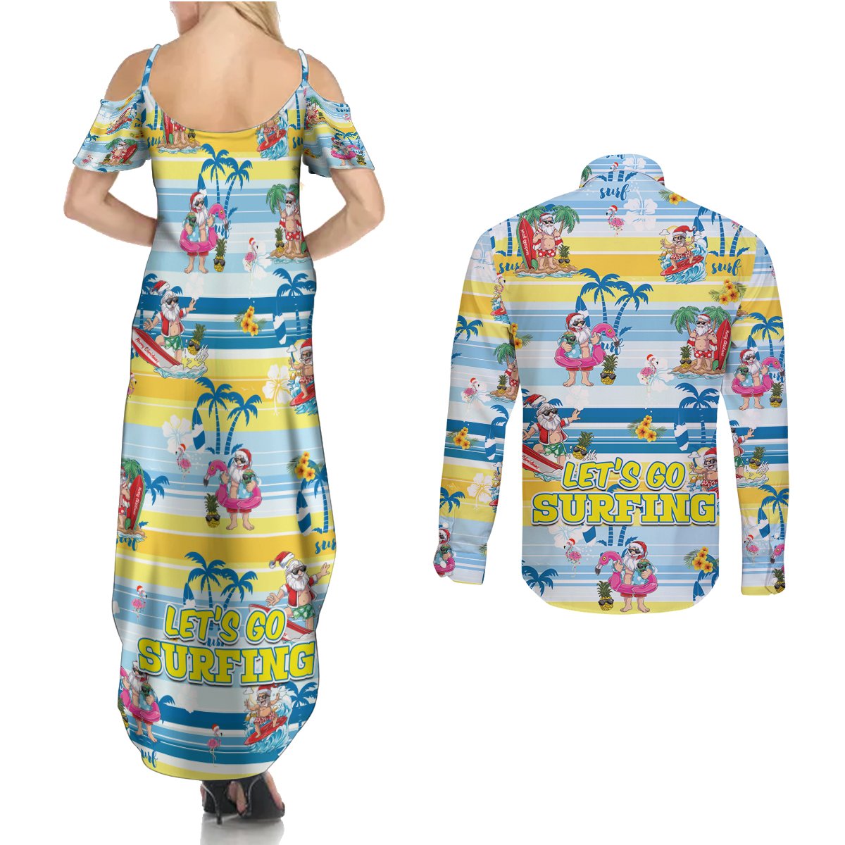 Surfing Christmas Couples Matching Summer Maxi Dress and Long Sleeve Button Shirt Tropical Santa Let's Go Surfing DT02 - Polynesian Pride