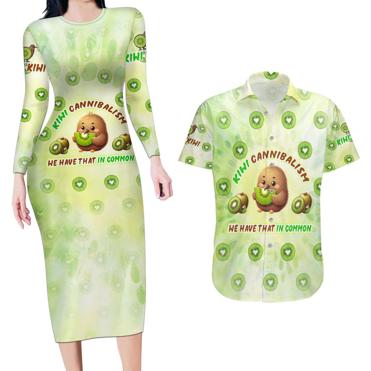 Kiwi Cannibalism Couples Matching Long Sleeve Bodycon Dress and Hawaiian Shirt New Zealand Kiwi Cute Bird Funny DT02 Green - Polynesian Pride