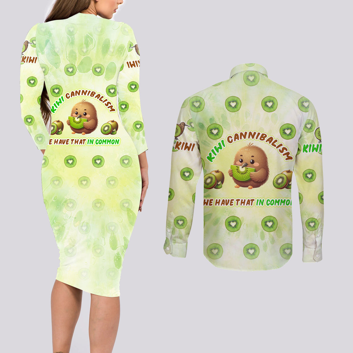 Kiwi Cannibalism Couples Matching Long Sleeve Bodycon Dress and Long Sleeve Button Shirt New Zealand Kiwi Cute Bird Funny DT02 - Polynesian Pride