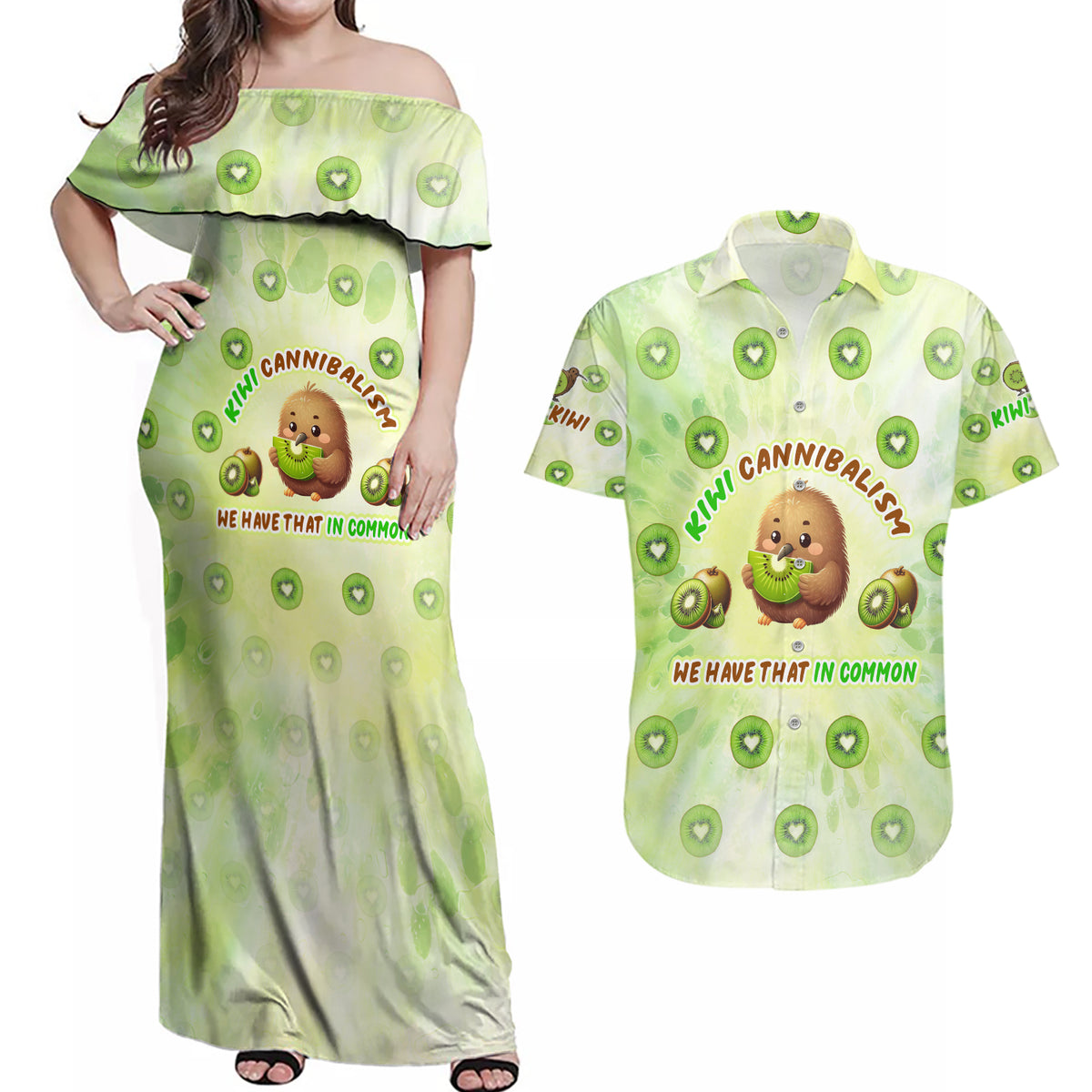 Kiwi Cannibalism Couples Matching Off Shoulder Maxi Dress and Hawaiian Shirt New Zealand Kiwi Cute Bird Funny DT02 Green - Polynesian Pride