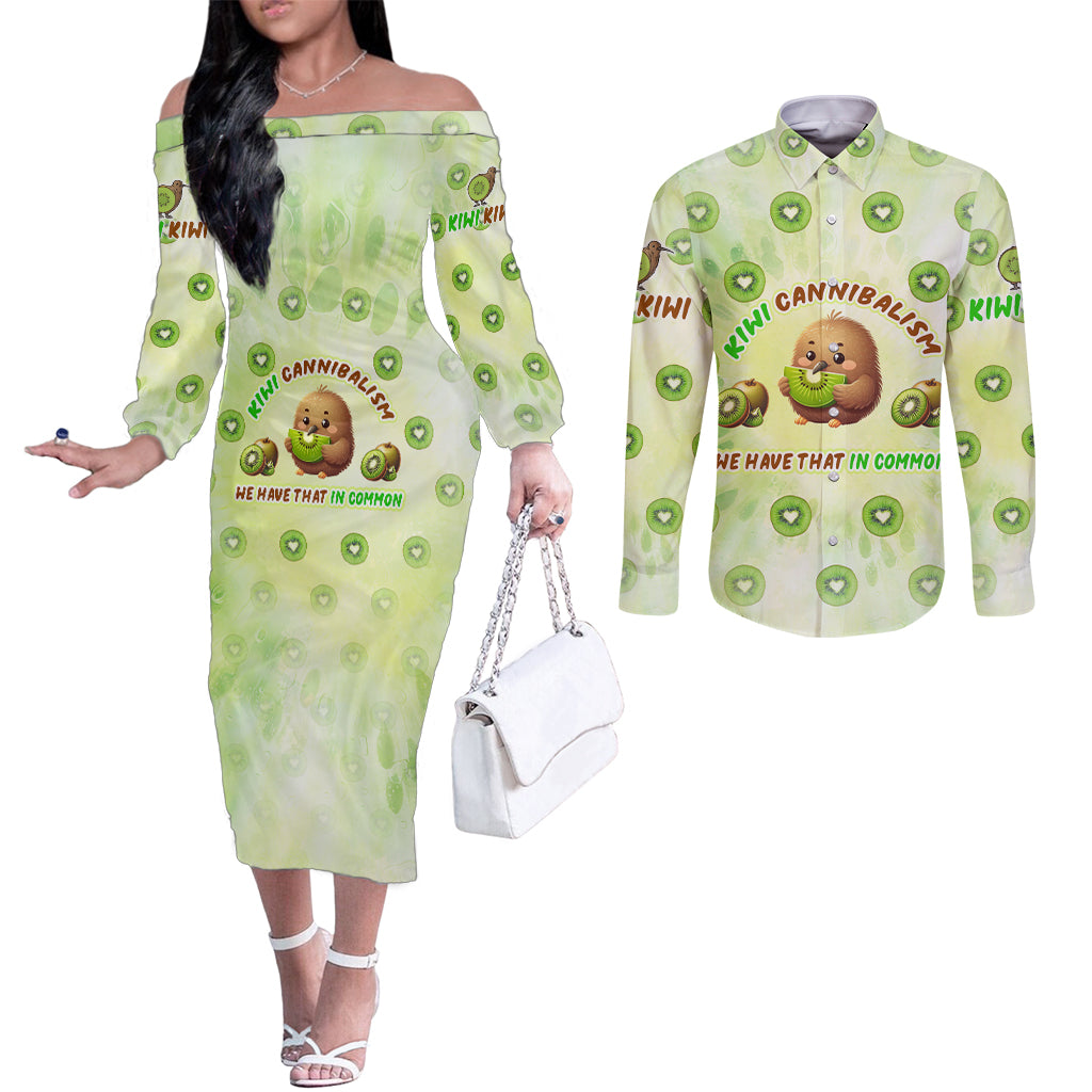 Kiwi Cannibalism Couples Matching Off The Shoulder Long Sleeve Dress and Long Sleeve Button Shirt New Zealand Kiwi Cute Bird Funny DT02 Green - Polynesian Pride