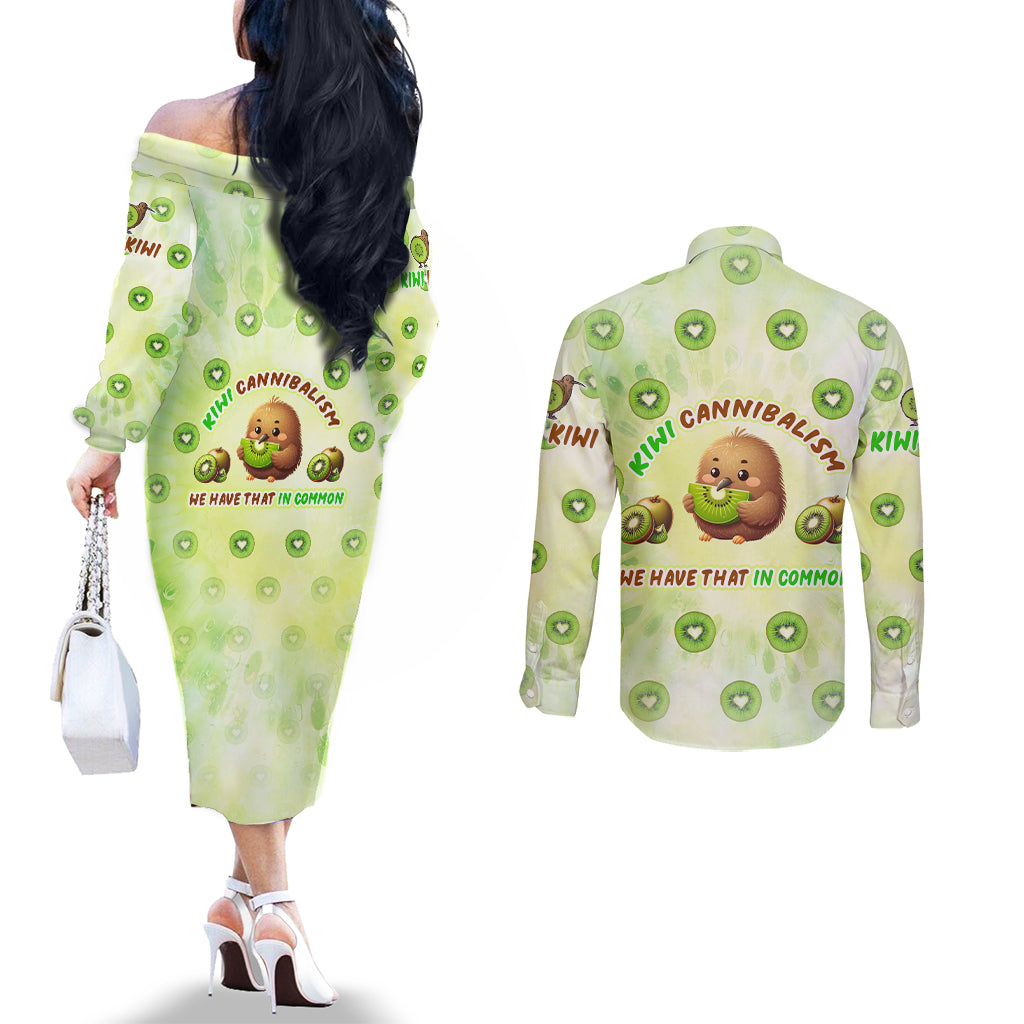 Kiwi Cannibalism Couples Matching Off The Shoulder Long Sleeve Dress and Long Sleeve Button Shirt New Zealand Kiwi Cute Bird Funny DT02 - Polynesian Pride