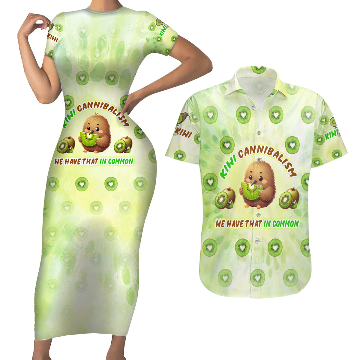 Kiwi Cannibalism Couples Matching Short Sleeve Bodycon Dress and Hawaiian Shirt New Zealand Kiwi Cute Bird Funny DT02 Green - Polynesian Pride
