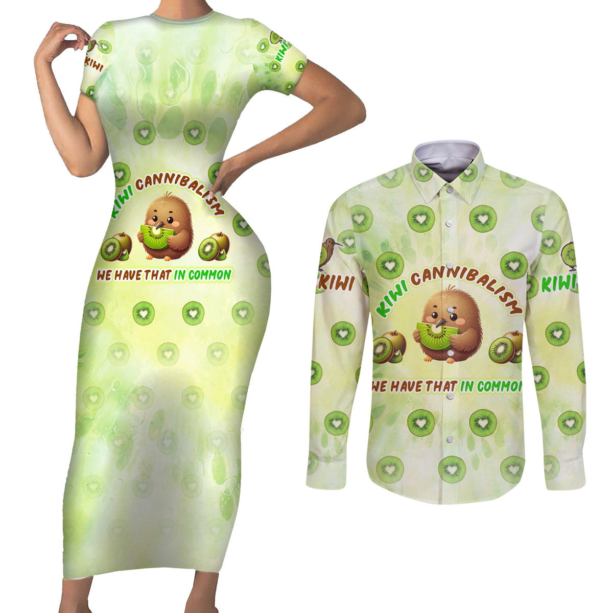 Kiwi Cannibalism Couples Matching Short Sleeve Bodycon Dress and Long Sleeve Button Shirt New Zealand Kiwi Cute Bird Funny DT02 Green - Polynesian Pride