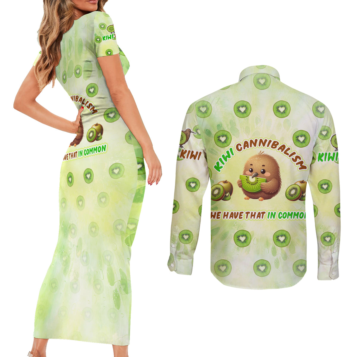 Kiwi Cannibalism Couples Matching Short Sleeve Bodycon Dress and Long Sleeve Button Shirt New Zealand Kiwi Cute Bird Funny DT02 - Polynesian Pride