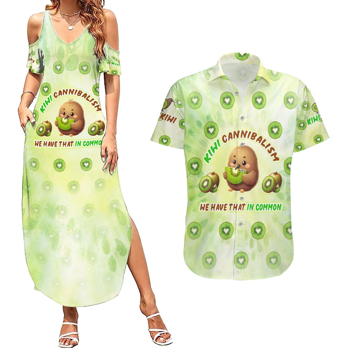 Kiwi Cannibalism Couples Matching Summer Maxi Dress and Hawaiian Shirt New Zealand Kiwi Cute Bird Funny DT02 Green - Polynesian Pride