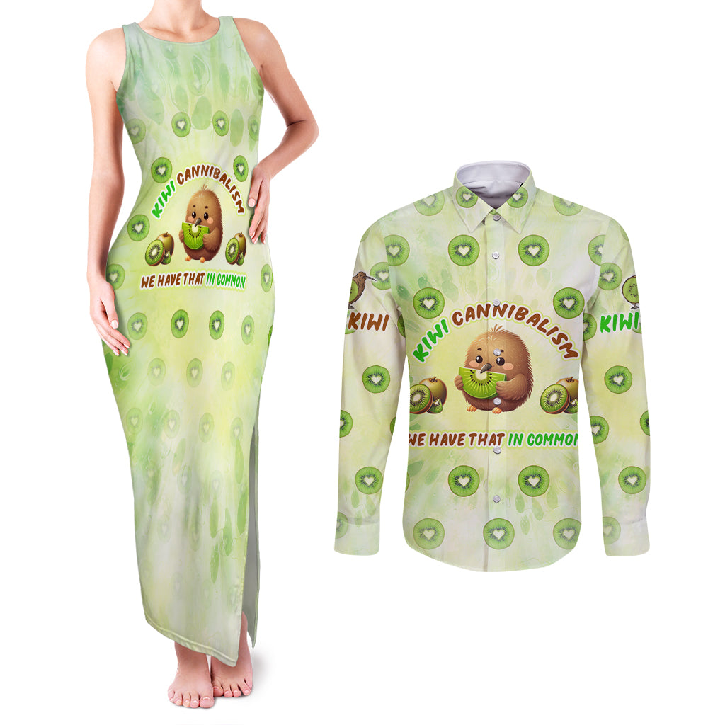Kiwi Cannibalism Couples Matching Tank Maxi Dress and Long Sleeve Button Shirt New Zealand Kiwi Cute Bird Funny DT02 Green - Polynesian Pride