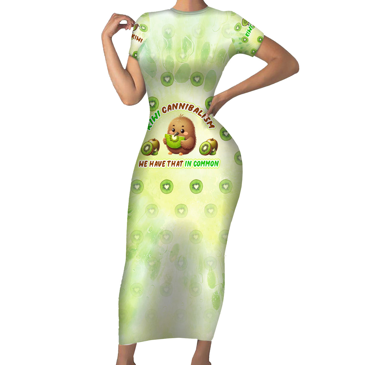 Kiwi Cannibalism Family Matching Short Sleeve Bodycon Dress and Hawaiian Shirt New Zealand Kiwi Cute Bird Funny DT02 Mom's Dress Green - Polynesian Pride
