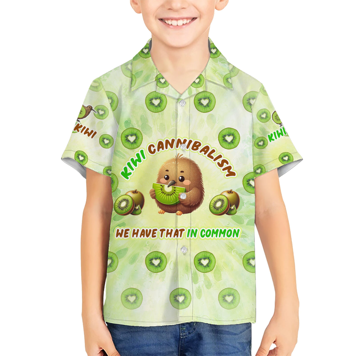 Kiwi Cannibalism Family Matching Short Sleeve Bodycon Dress and Hawaiian Shirt New Zealand Kiwi Cute Bird Funny DT02 Son's Shirt Green - Polynesian Pride