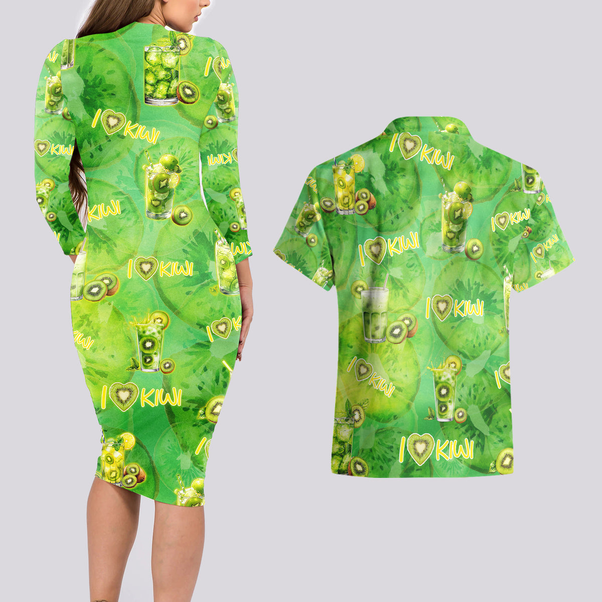 I Love Kiwi Couples Matching Long Sleeve Bodycon Dress and Hawaiian Shirt New Zealand Kiwi Fruit Summer Cocktail DT02 - Polynesian Pride