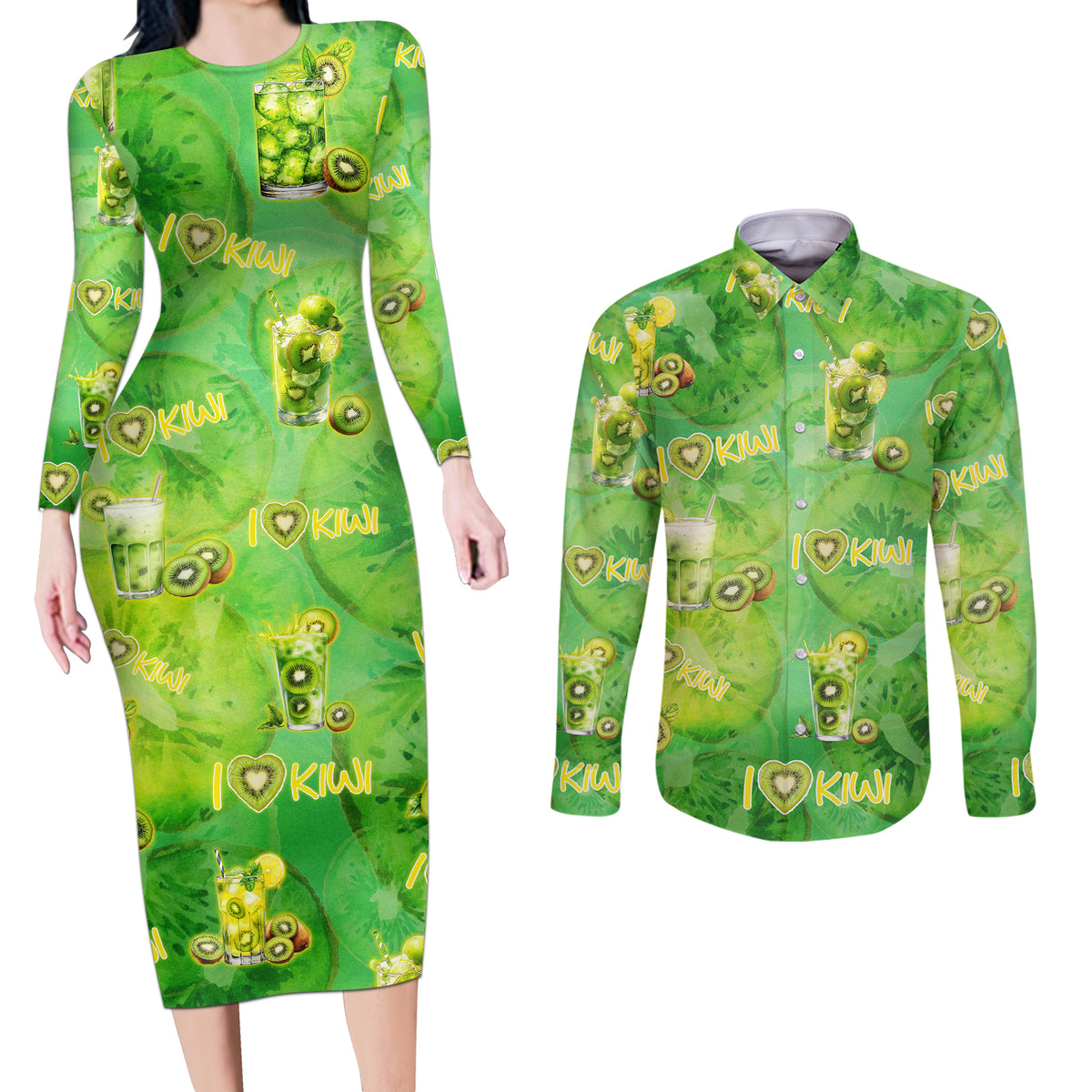 I Love Kiwi Couples Matching Long Sleeve Bodycon Dress and Long Sleeve Button Shirt New Zealand Kiwi Fruit Summer Cocktail DT02 Green - Polynesian Pride