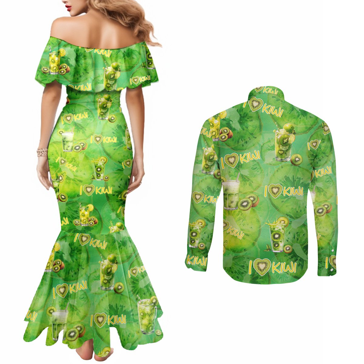 I Love Kiwi Couples Matching Mermaid Dress and Long Sleeve Button Shirt New Zealand Kiwi Fruit Summer Cocktail DT02 - Polynesian Pride
