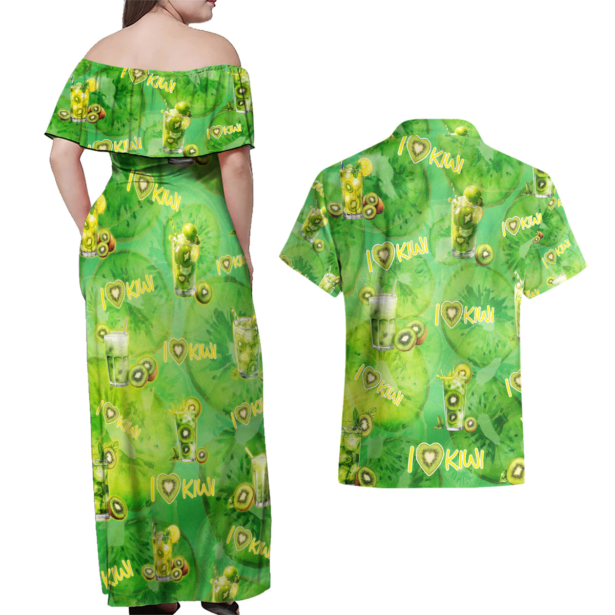 I Love Kiwi Couples Matching Off Shoulder Maxi Dress and Hawaiian Shirt New Zealand Kiwi Fruit Summer Cocktail DT02 - Polynesian Pride