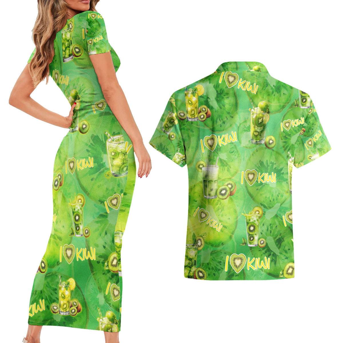 I Love Kiwi Couples Matching Short Sleeve Bodycon Dress and Hawaiian Shirt New Zealand Kiwi Fruit Summer Cocktail DT02 - Polynesian Pride