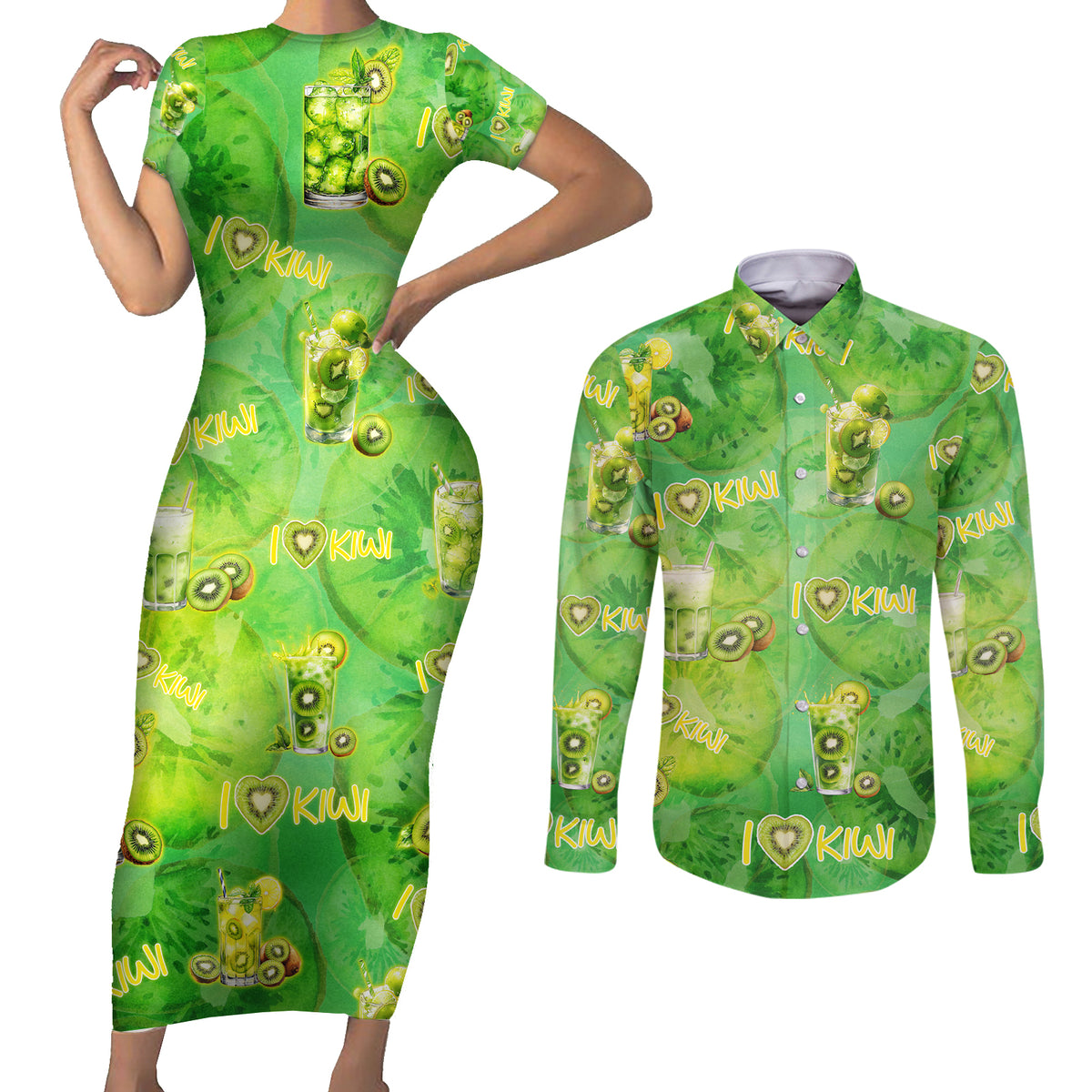 I Love Kiwi Couples Matching Short Sleeve Bodycon Dress and Long Sleeve Button Shirt New Zealand Kiwi Fruit Summer Cocktail DT02 Green - Polynesian Pride