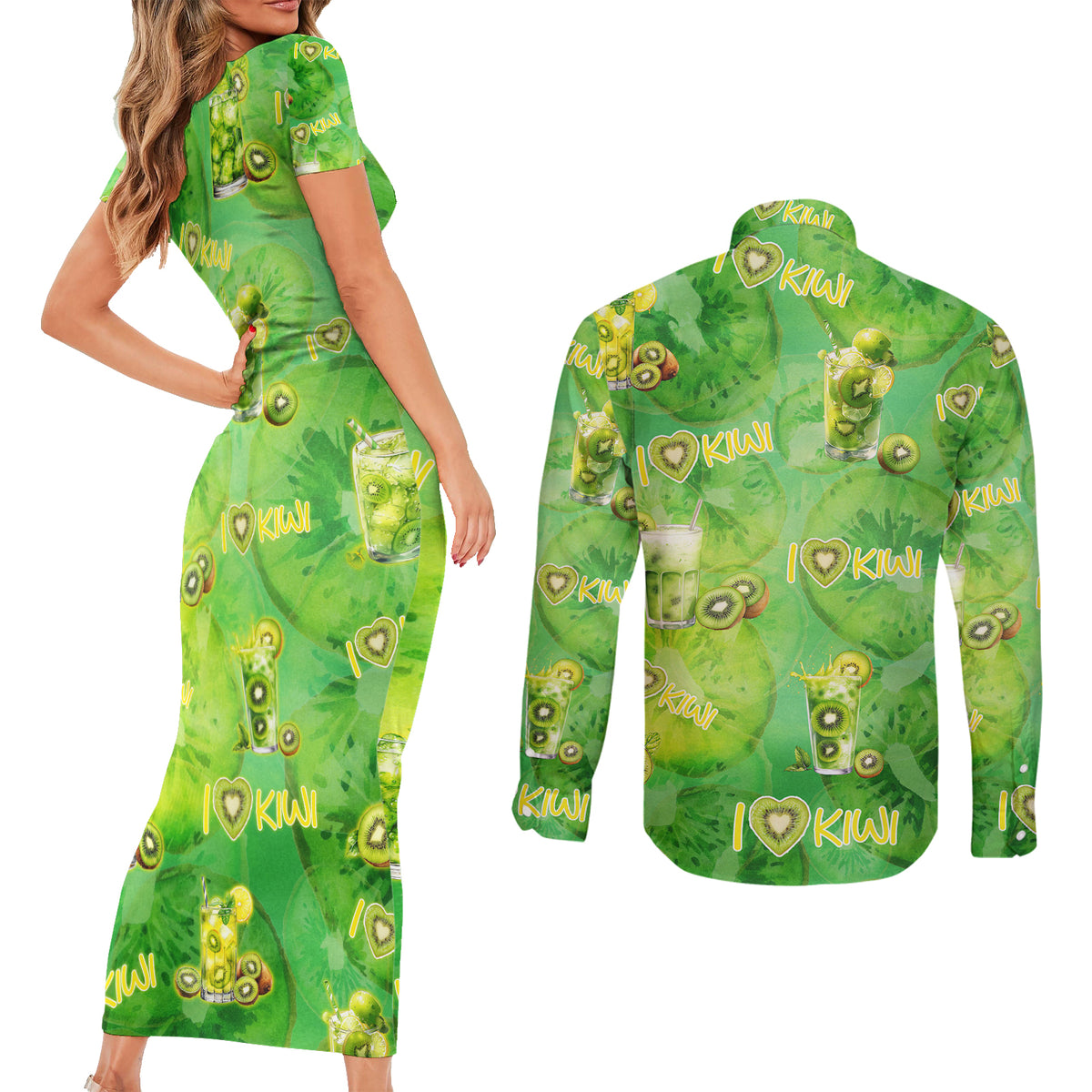 I Love Kiwi Couples Matching Short Sleeve Bodycon Dress and Long Sleeve Button Shirt New Zealand Kiwi Fruit Summer Cocktail DT02 - Polynesian Pride