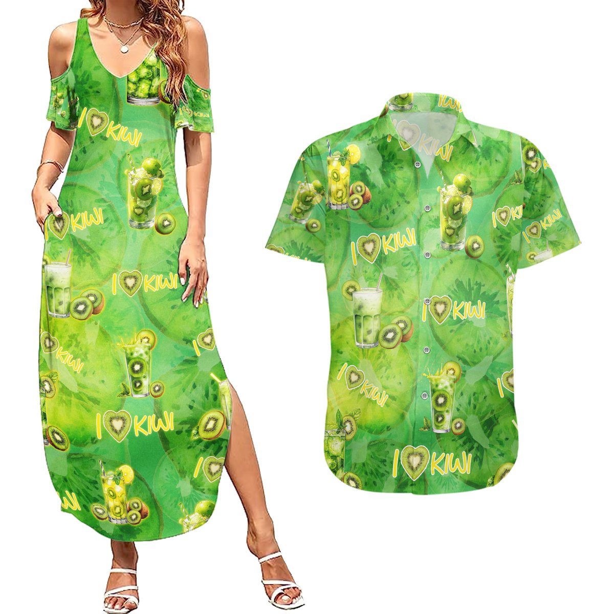I Love Kiwi Couples Matching Summer Maxi Dress and Hawaiian Shirt New Zealand Kiwi Fruit Summer Cocktail DT02 Green - Polynesian Pride
