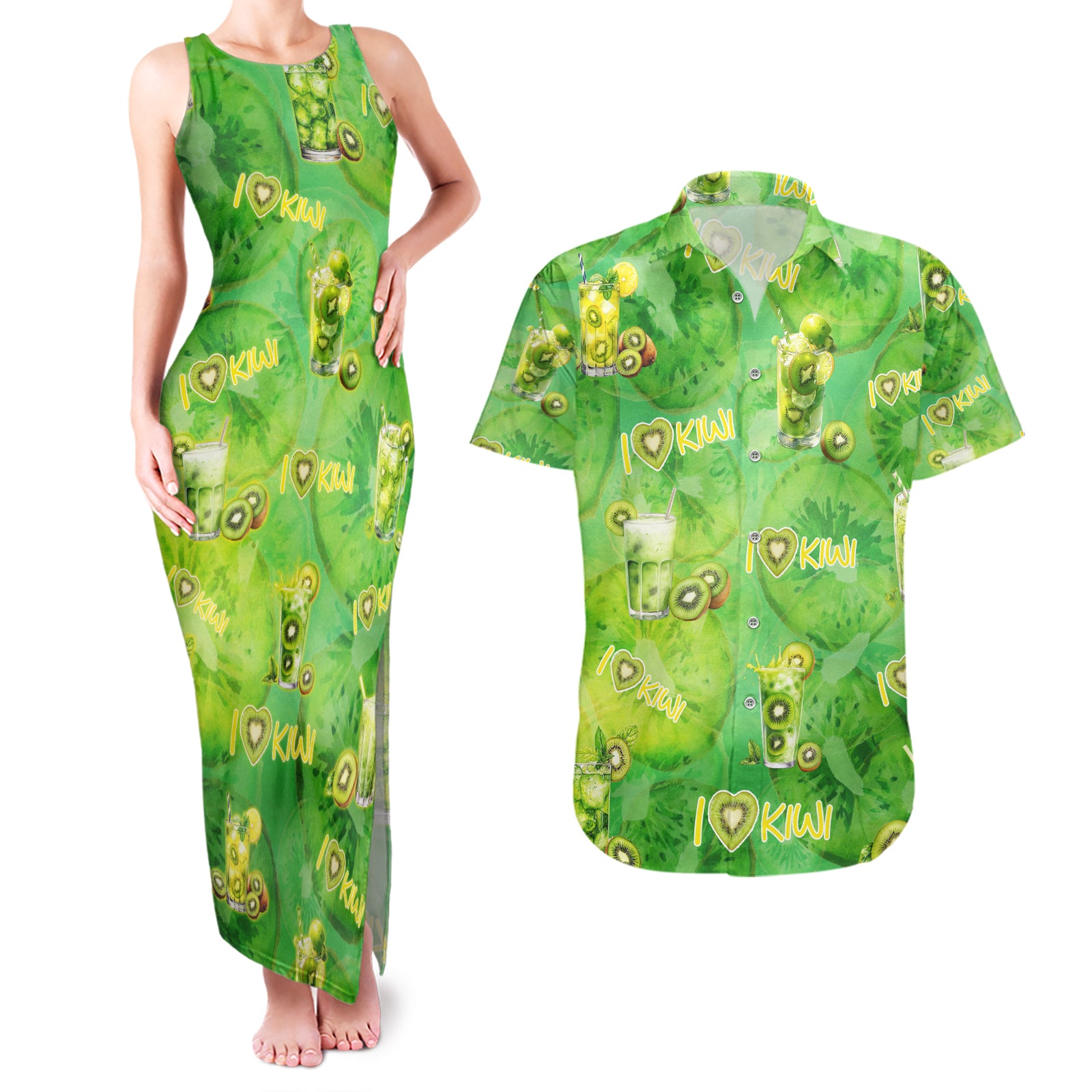 I Love Kiwi Couples Matching Tank Maxi Dress and Hawaiian Shirt New Zealand Kiwi Fruit Summer Cocktail