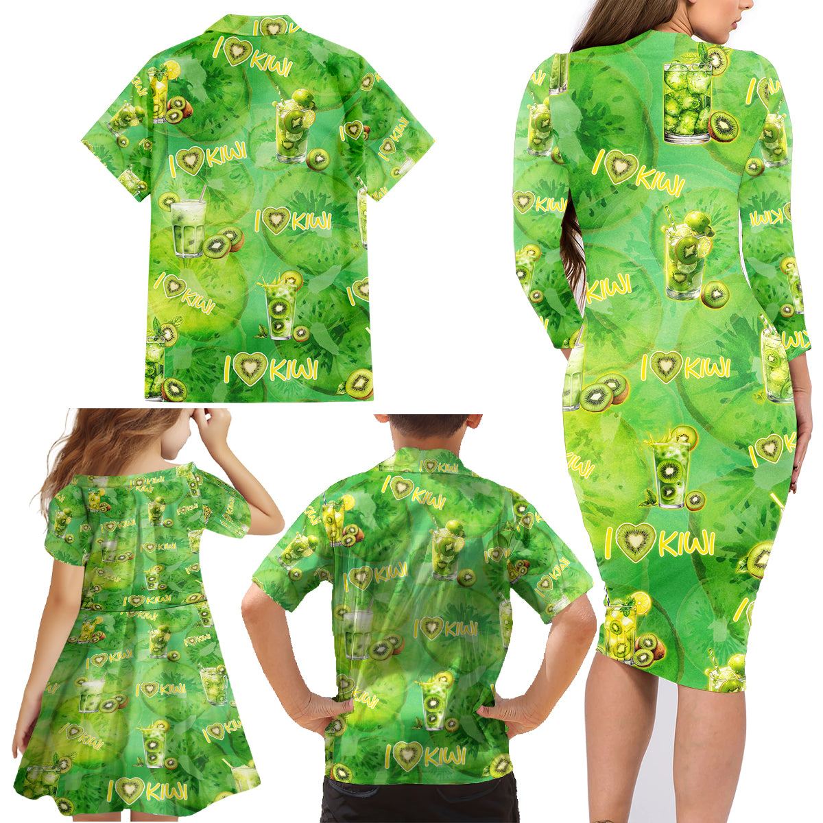 I Love Kiwi Family Matching Long Sleeve Bodycon Dress and Hawaiian Shirt New Zealand Kiwi Fruit Summer Cocktail DT02 - Polynesian Pride