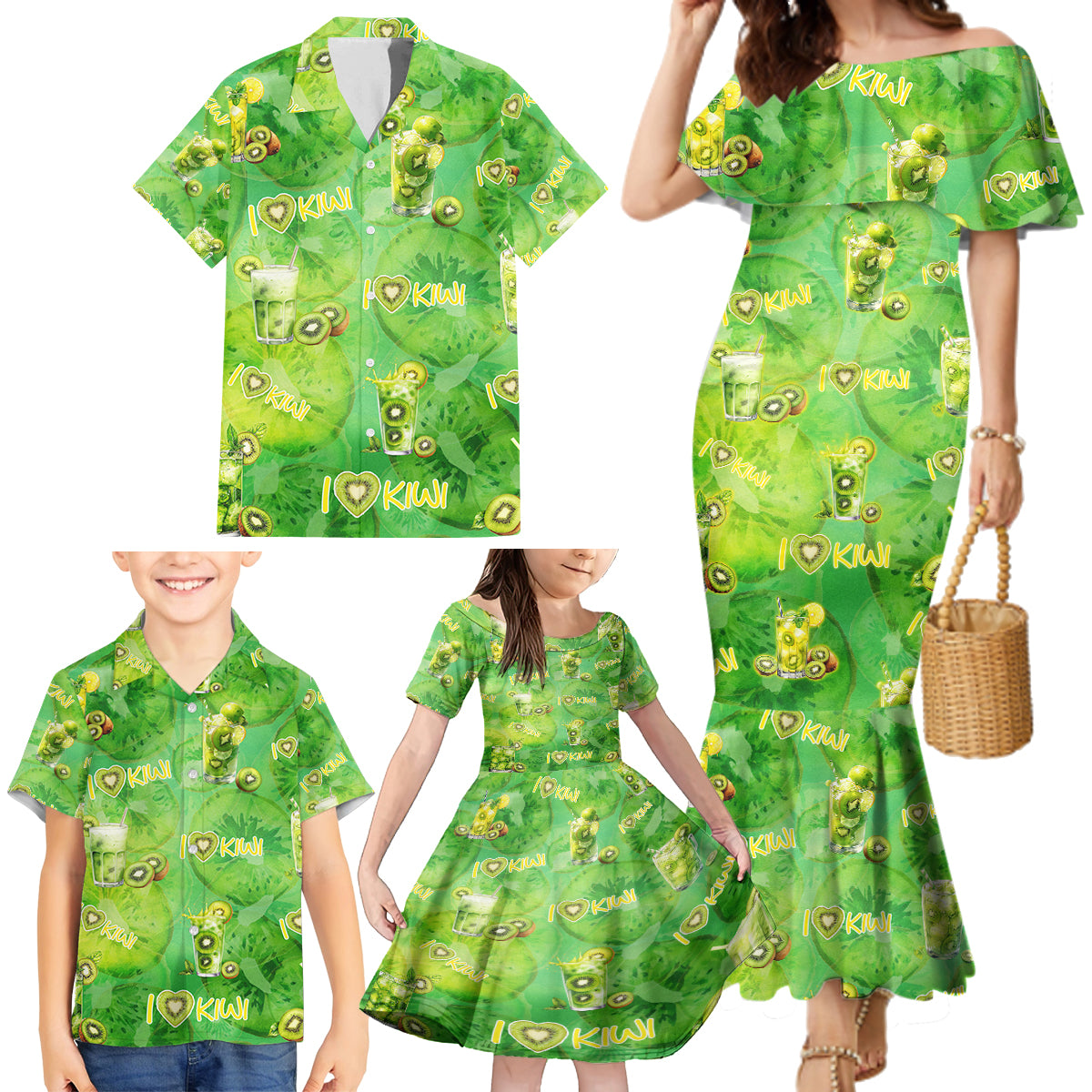 I Love Kiwi Family Matching Mermaid Dress and Hawaiian Shirt New Zealand Kiwi Fruit Summer Cocktail DT02 - Polynesian Pride