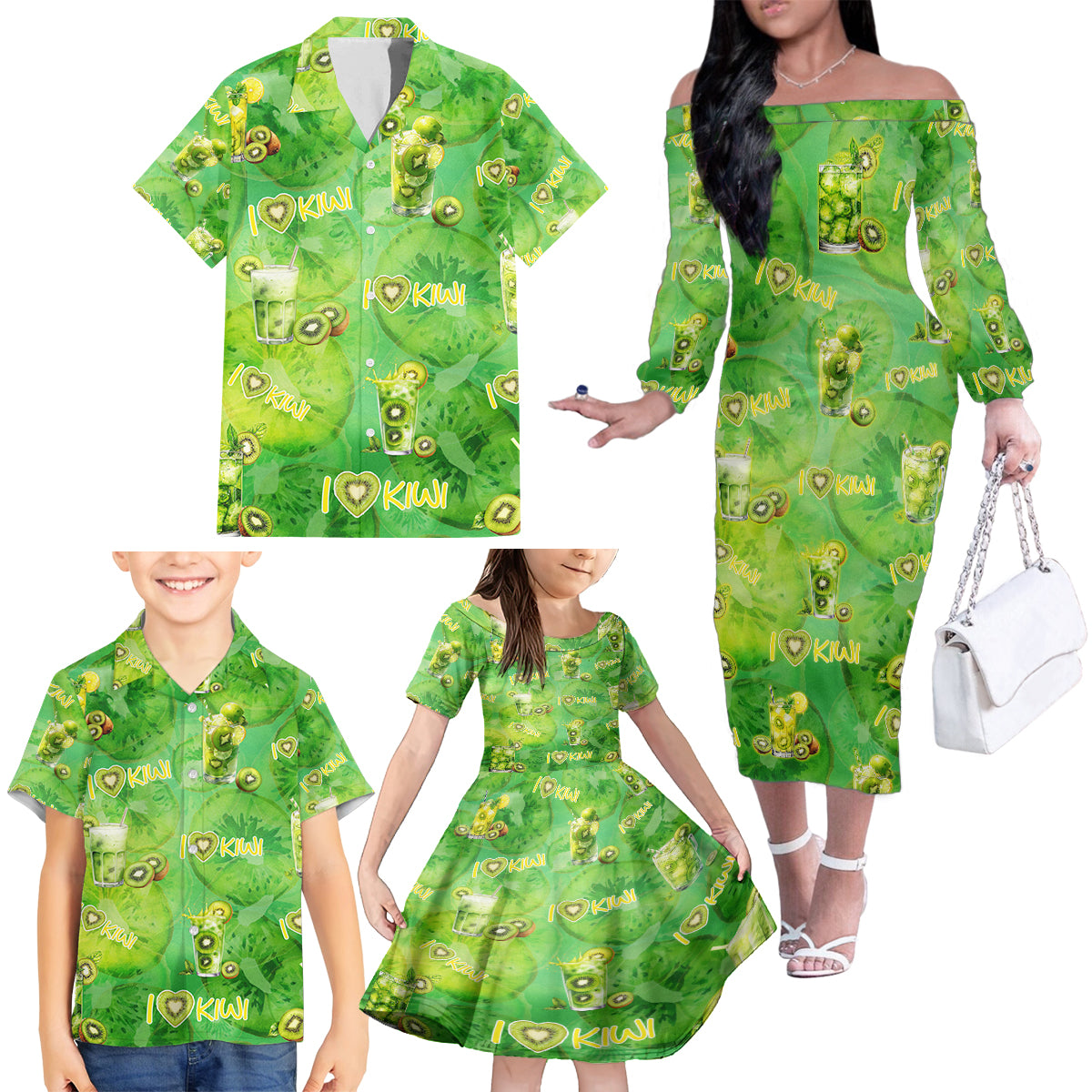 I Love Kiwi Family Matching Off The Shoulder Long Sleeve Dress and Hawaiian Shirt New Zealand Kiwi Fruit Summer Cocktail DT02 - Polynesian Pride