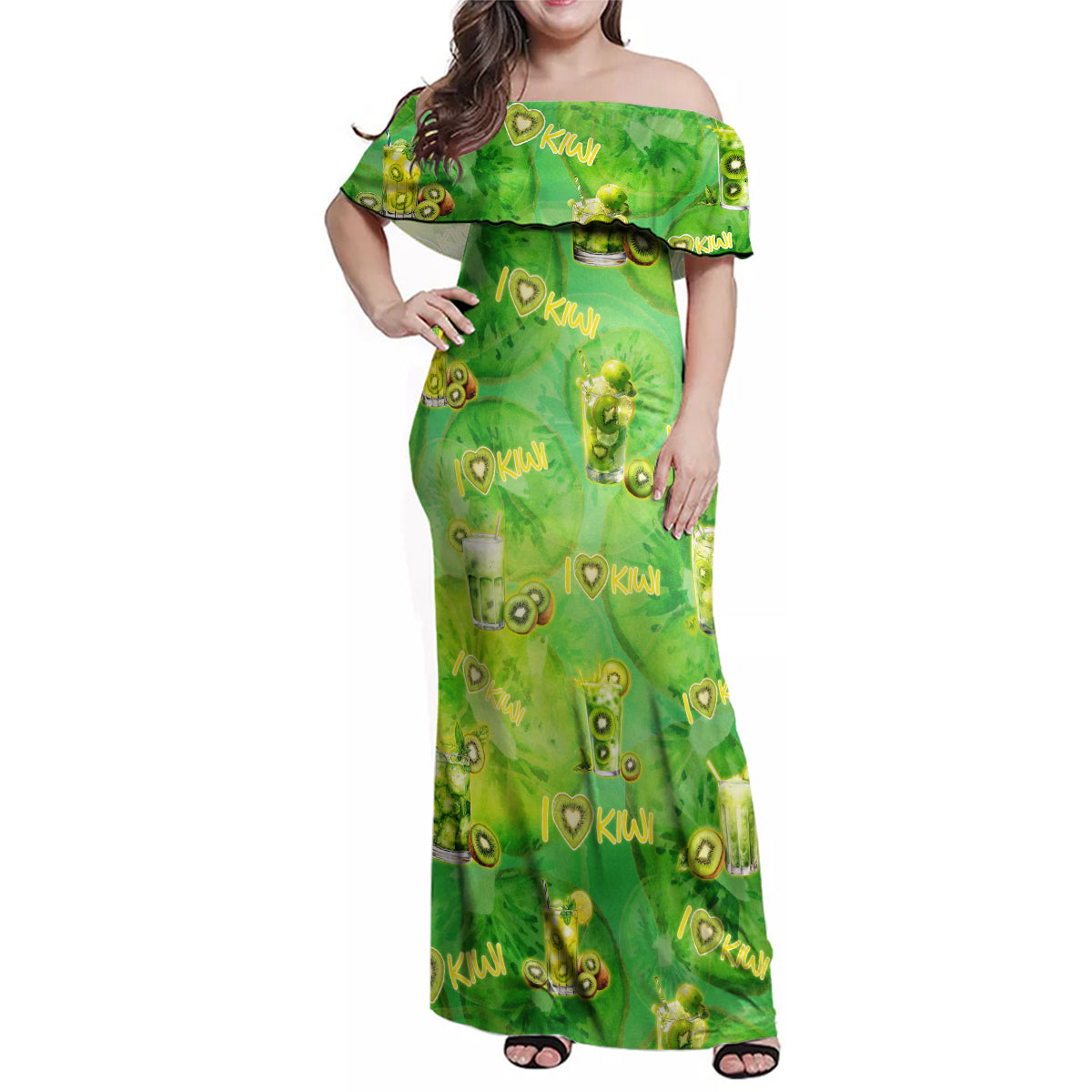 I Love Kiwi Family Matching Off Shoulder Maxi Dress and Hawaiian Shirt New Zealand Kiwi Fruit Summer Cocktail DT02 Mom's Dress Green - Polynesian Pride