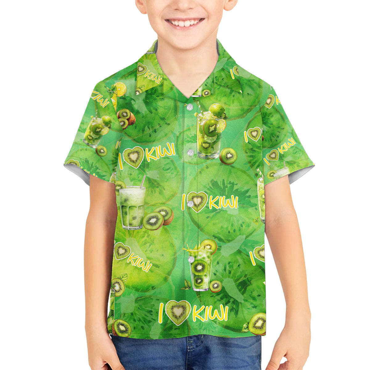 I Love Kiwi Family Matching Off Shoulder Maxi Dress and Hawaiian Shirt New Zealand Kiwi Fruit Summer Cocktail DT02 Son's Shirt Green - Polynesian Pride