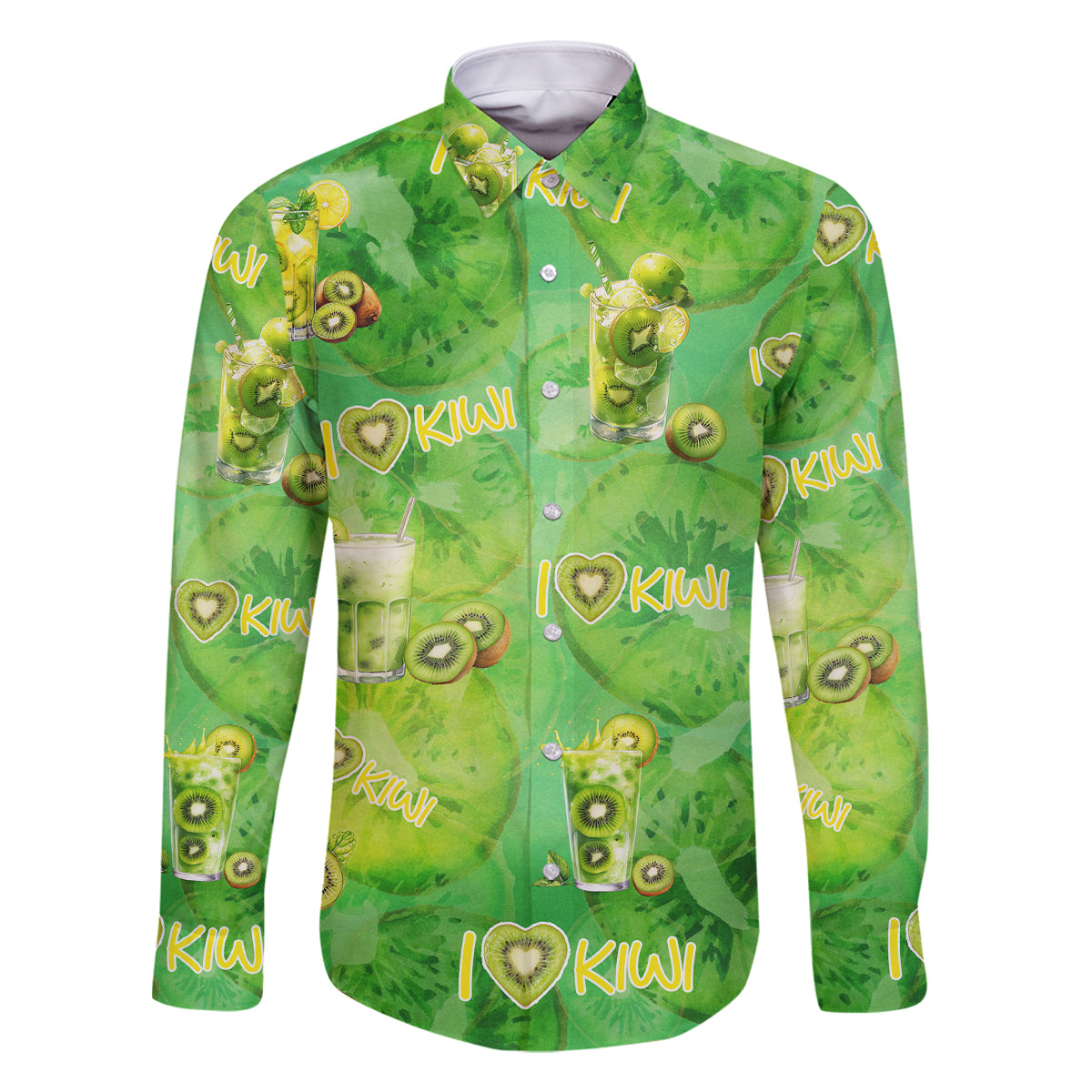 I Love Kiwi Family Matching Off Shoulder Short Dress and Hawaiian Shirt New Zealand Kiwi Fruit Summer Cocktail DT02 Dad's Shirt - Long Sleeve Green - Polynesian Pride