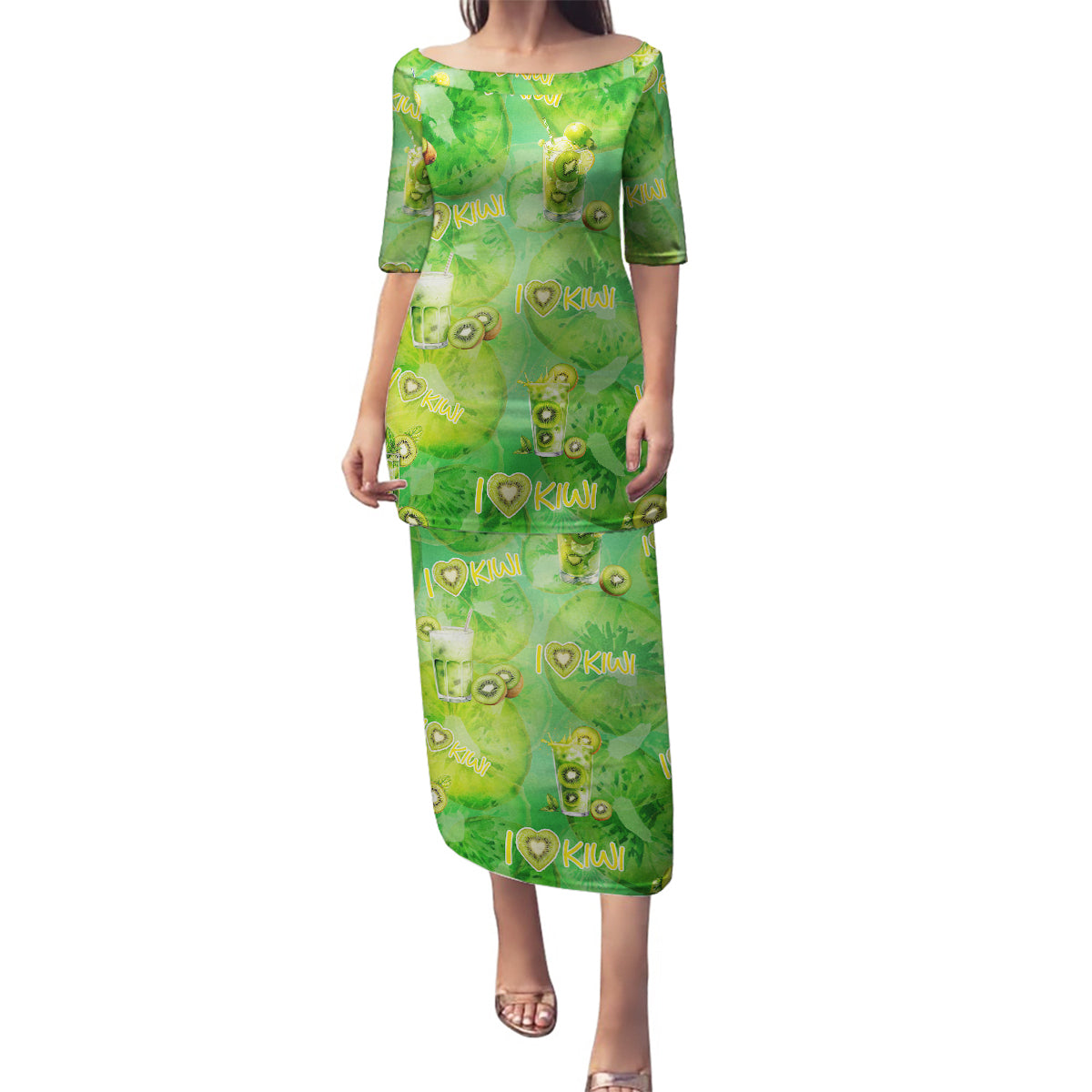 I Love Kiwi Family Matching Puletasi and Hawaiian Shirt New Zealand Kiwi Fruit Summer Cocktail DT02 Mom's Dress Green - Polynesian Pride