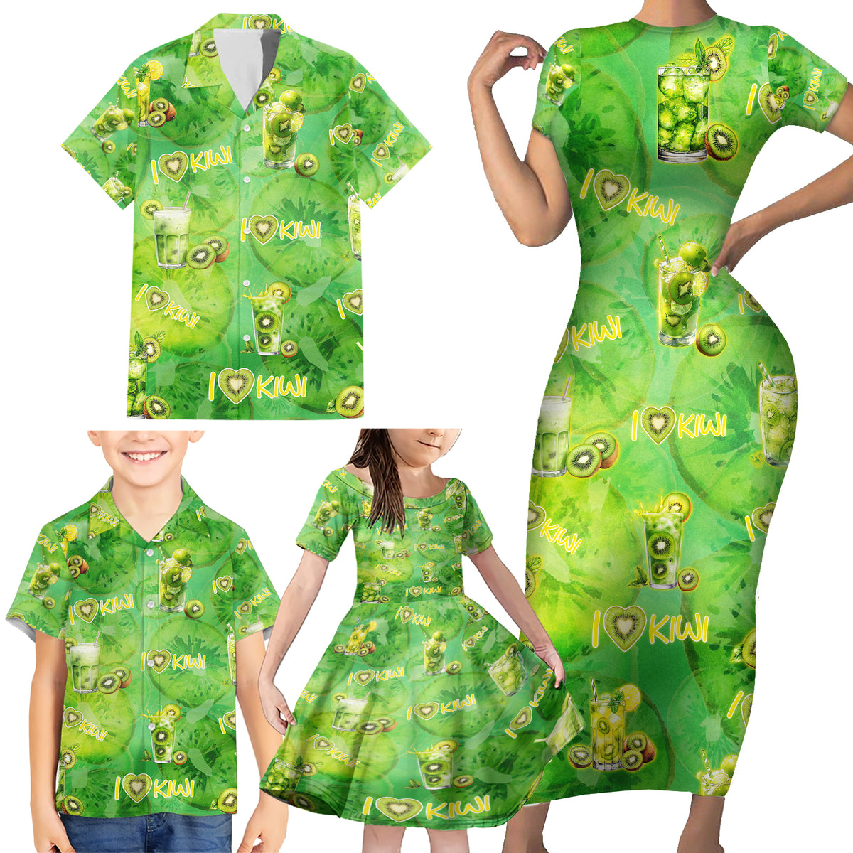 I Love Kiwi Family Matching Short Sleeve Bodycon Dress and Hawaiian Shirt New Zealand Kiwi Fruit Summer Cocktail DT02 - Polynesian Pride