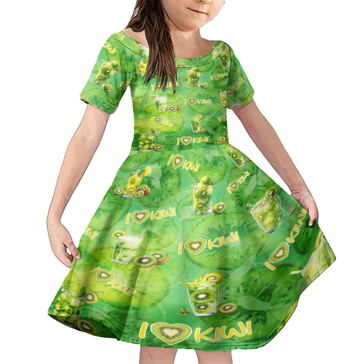 I Love Kiwi Family Matching Summer Maxi Dress and Hawaiian Shirt New Zealand Kiwi Fruit Summer Cocktail DT02 Daughter's Dress Green - Polynesian Pride