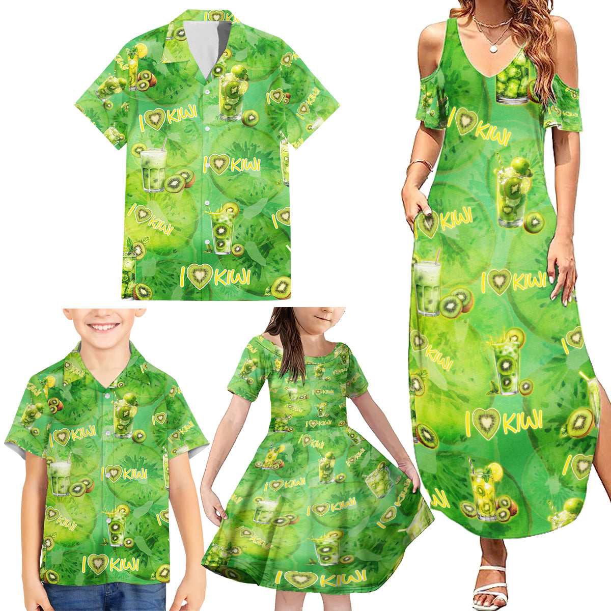 I Love Kiwi Family Matching Summer Maxi Dress and Hawaiian Shirt New Zealand Kiwi Fruit Summer Cocktail DT02 - Polynesian Pride
