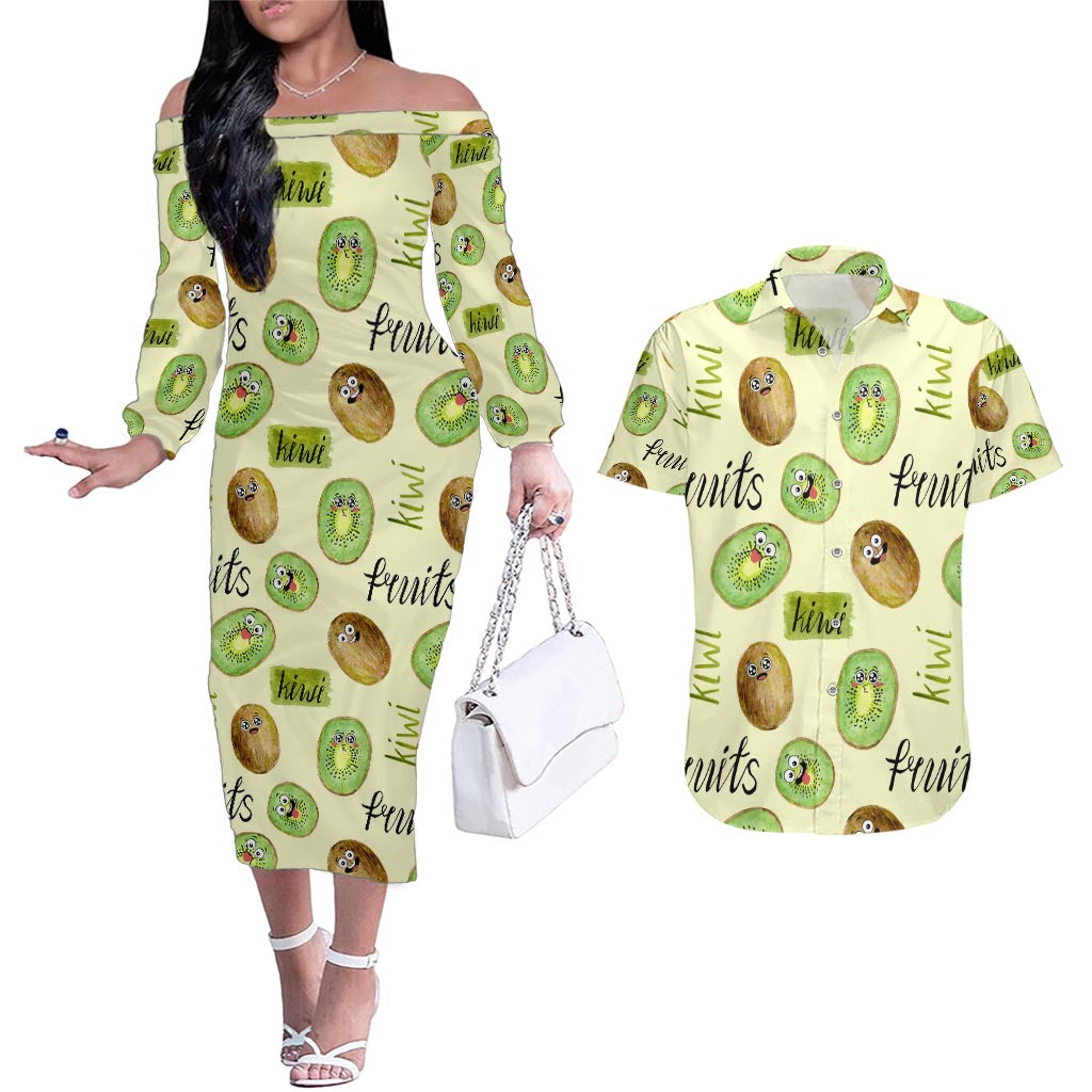 Kiwi Cute Humorous Couples Matching Off The Shoulder Long Sleeve Dress and Hawaiian Shirt New Zealand Fruit DT02 Yellow - Polynesian Pride