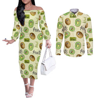 Kiwi Cute Humorous Couples Matching Off The Shoulder Long Sleeve Dress and Long Sleeve Button Shirt New Zealand Fruit DT02 Yellow - Polynesian Pride
