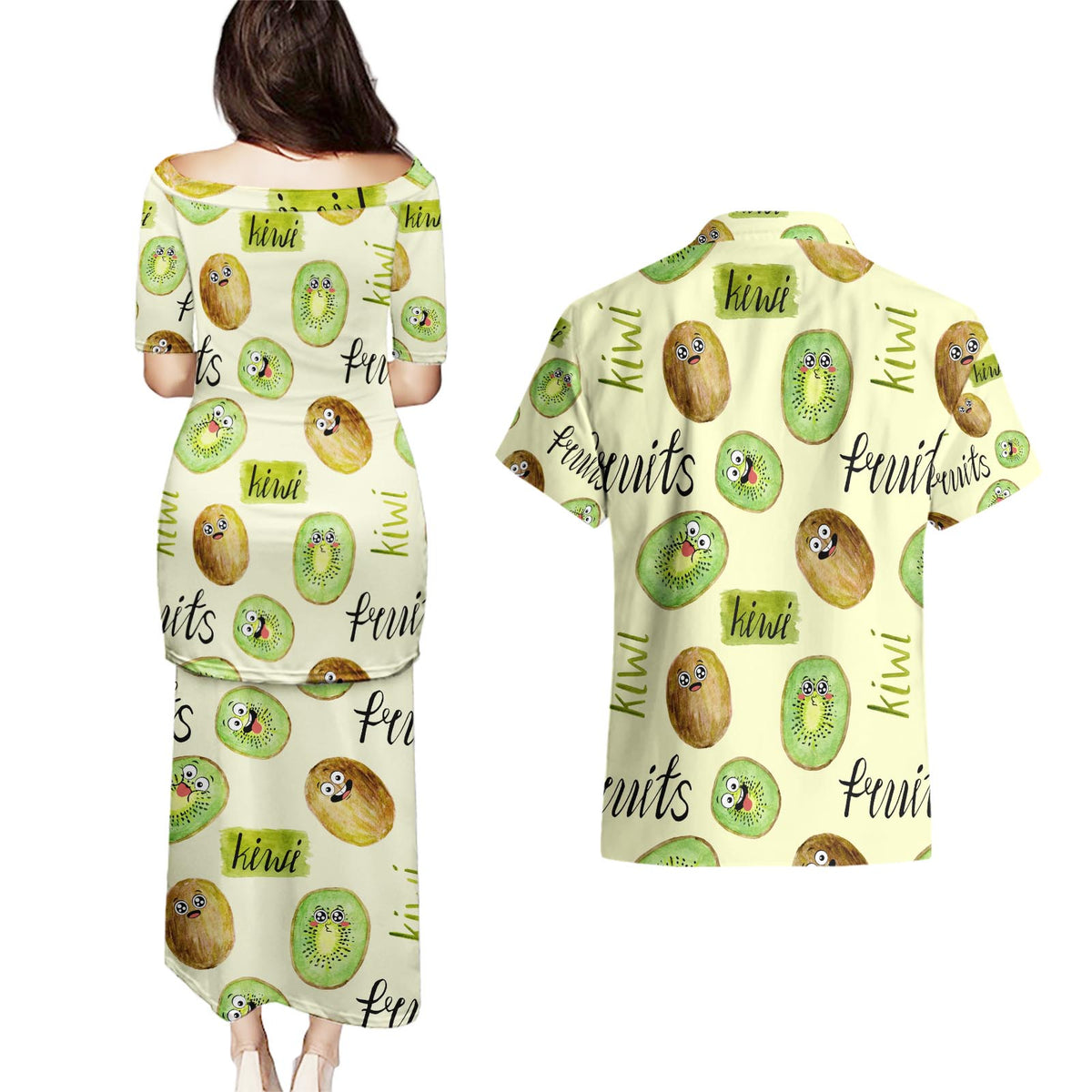 Kiwi Cute Humorous Couples Matching Puletasi and Hawaiian Shirt New Zealand Fruit