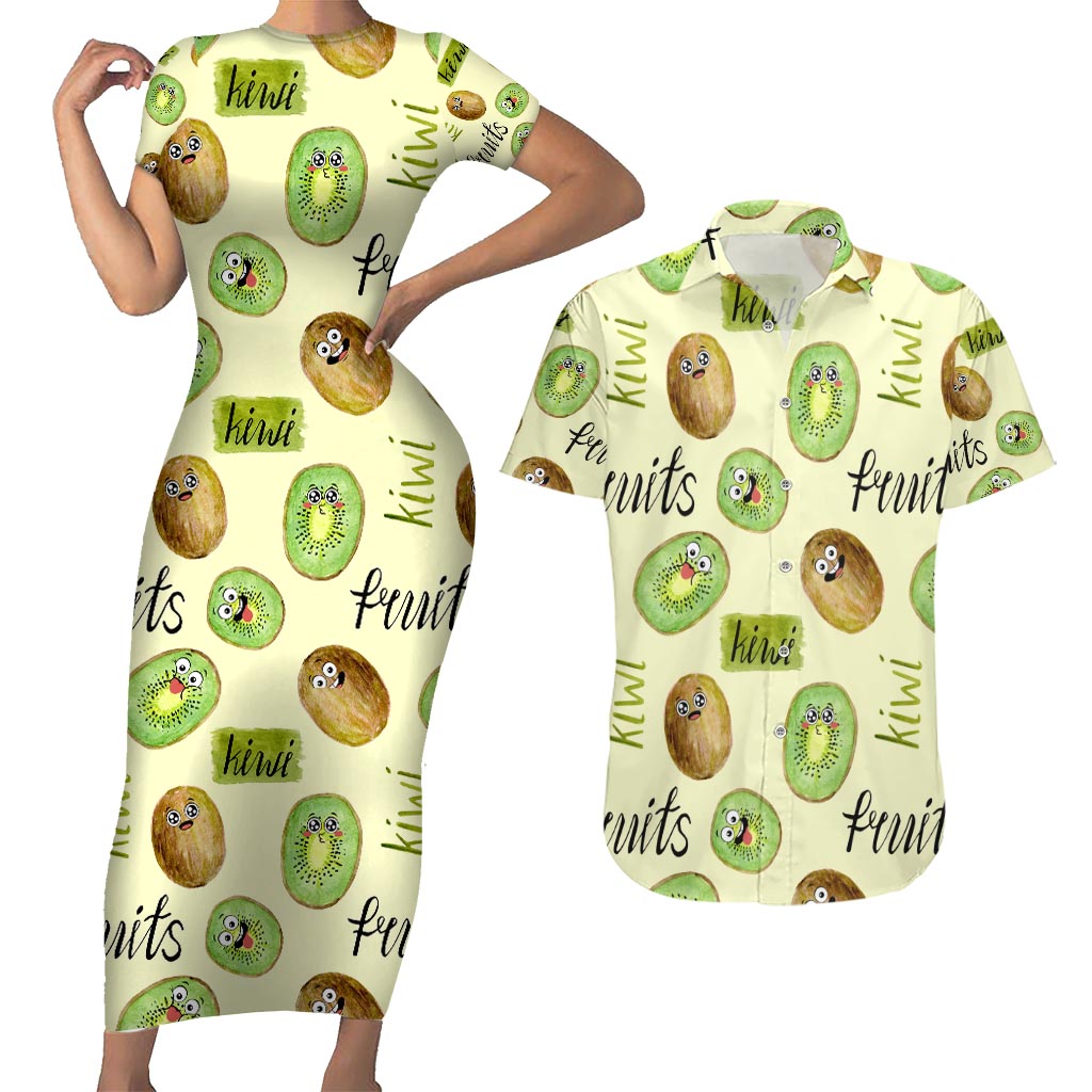 Kiwi Cute Humorous Couples Matching Short Sleeve Bodycon Dress and Hawaiian Shirt New Zealand Fruit DT02 Yellow - Polynesian Pride