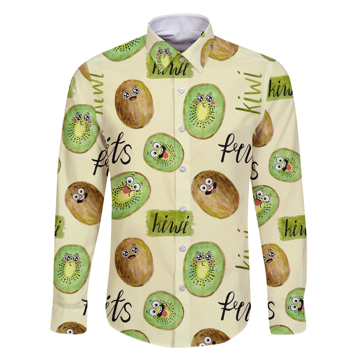 Kiwi Cute Humorous Family Matching Off The Shoulder Long Sleeve Dress and Hawaiian Shirt New Zealand Fruit DT02 Dad's Shirt - Long Sleeve Yellow - Polynesian Pride