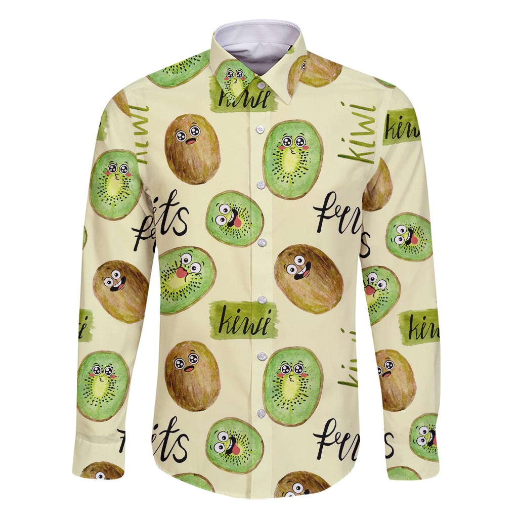 Kiwi Cute Humorous Family Matching Off Shoulder Maxi Dress and Hawaiian Shirt New Zealand Fruit DT02 Dad's Shirt - Long Sleeve Yellow - Polynesian Pride