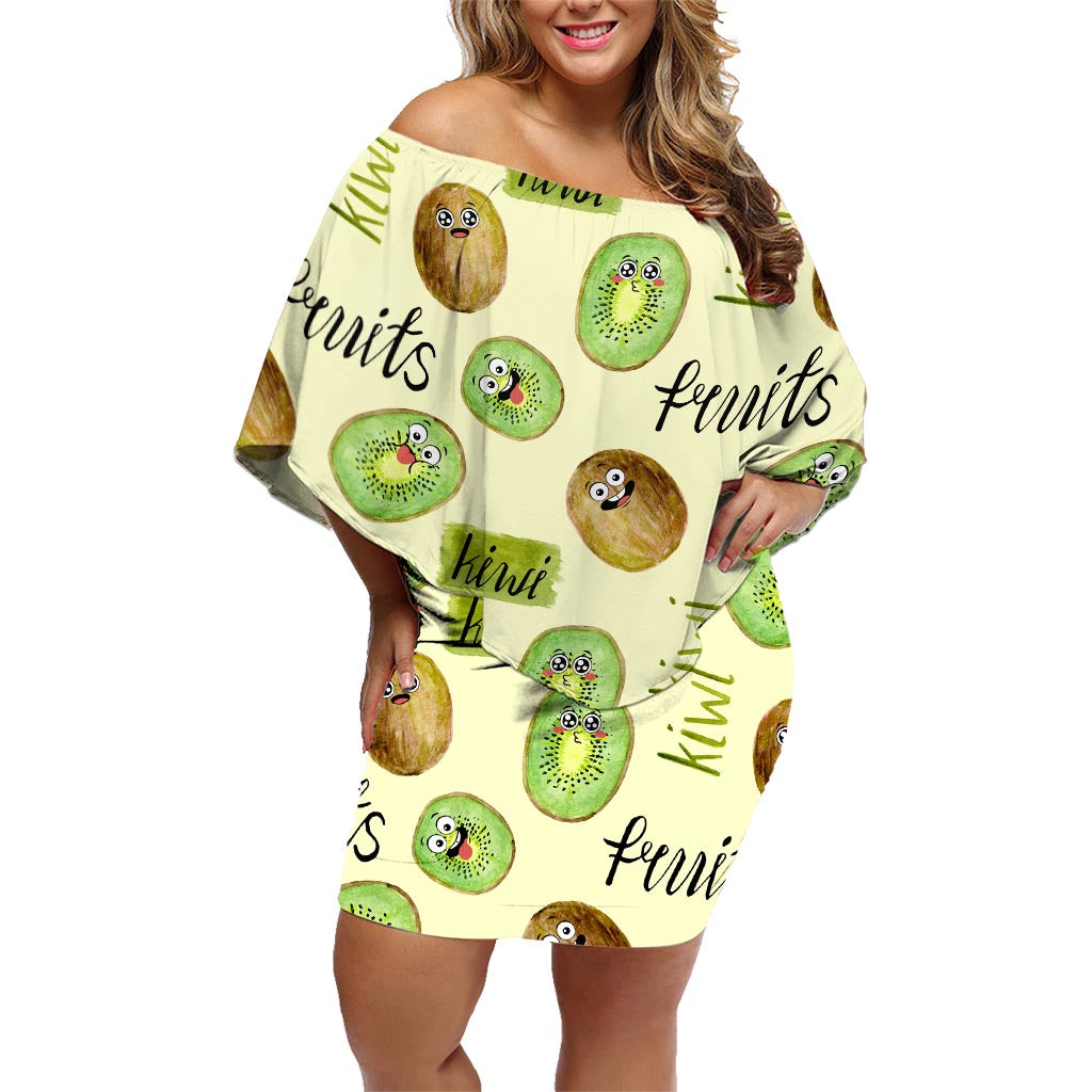 Kiwi Cute Humorous Family Matching Off Shoulder Short Dress and Hawaiian Shirt New Zealand Fruit DT02 Mom's Dress Yellow - Polynesian Pride
