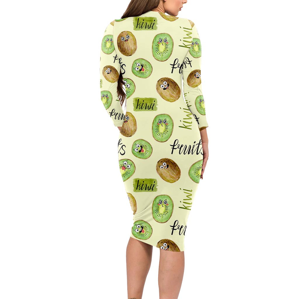 Kiwi Cute Humorous Long Sleeve Bodycon Dress New Zealand Fruit DT02 - Polynesian Pride