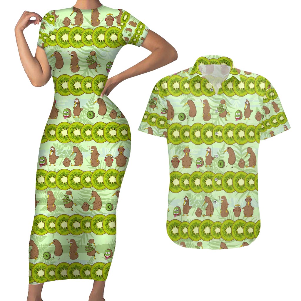 New Zealand Kiwi Fruit Witty Kiwi Bird Couples Matching Short Sleeve Bodycon Dress and Hawaiian Shirt DT02 Green - Polynesian Pride