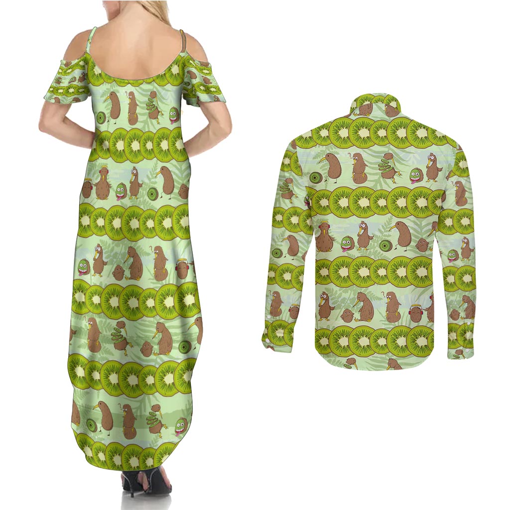 New Zealand Kiwi Fruit Witty Kiwi Bird Couples Matching Summer Maxi Dress and Long Sleeve Button Shirt