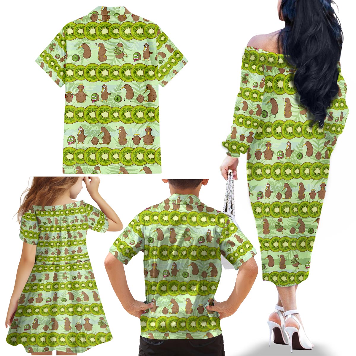 New Zealand Kiwi Fruit Witty Kiwi Bird Family Matching Off The Shoulder Long Sleeve Dress and Hawaiian Shirt DT02 - Polynesian Pride