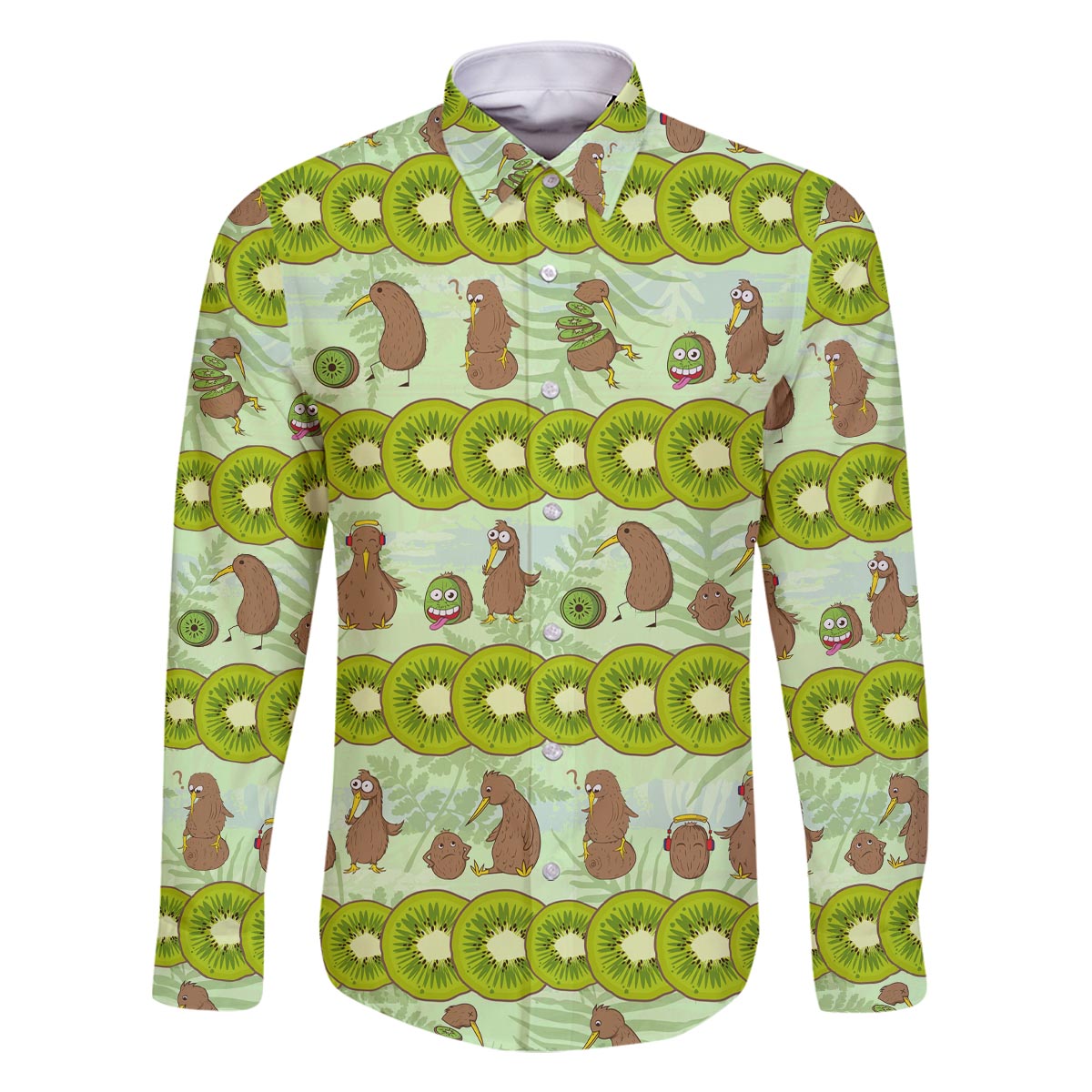 New Zealand Kiwi Fruit Witty Kiwi Bird Family Matching Off The Shoulder Long Sleeve Dress and Hawaiian Shirt DT02 Dad's Shirt - Long Sleeve Green - Polynesian Pride