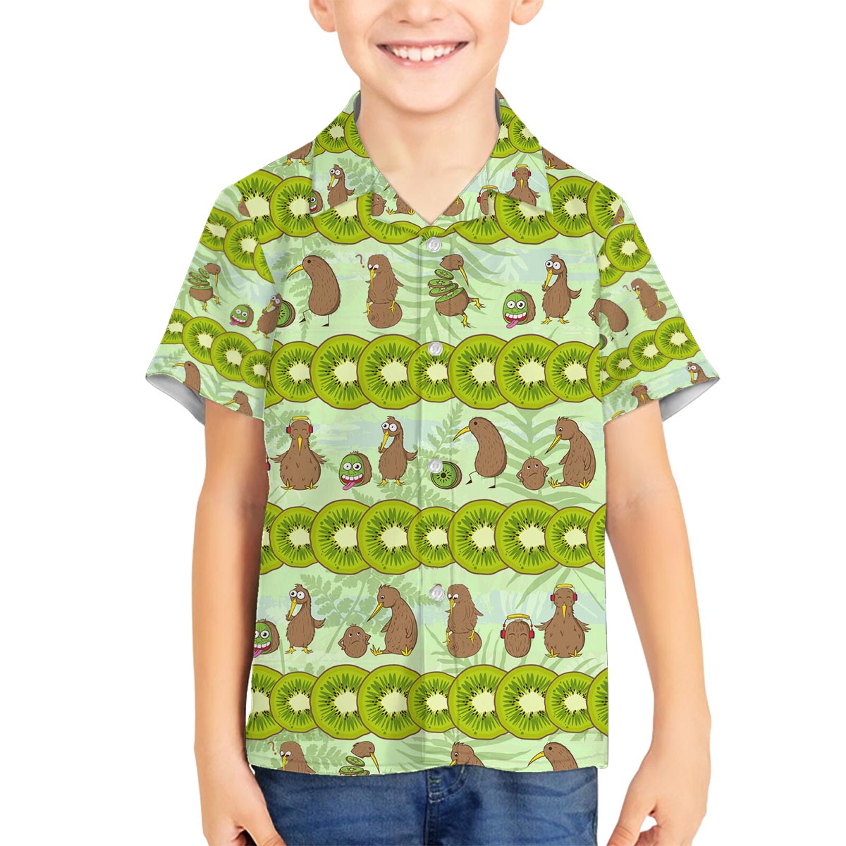New Zealand Kiwi Fruit Witty Kiwi Bird Family Matching Off The Shoulder Long Sleeve Dress and Hawaiian Shirt DT02 Son's Shirt Green - Polynesian Pride