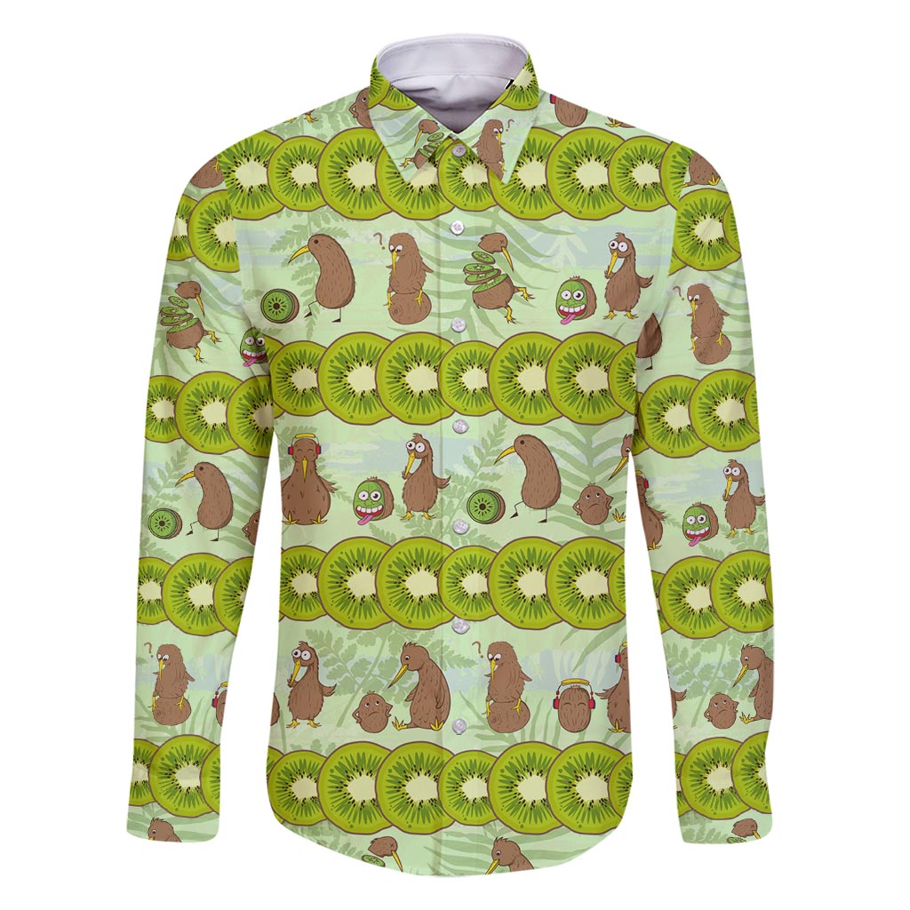 New Zealand Kiwi Fruit Witty Kiwi Bird Family Matching Off Shoulder Maxi Dress and Hawaiian Shirt DT02 Dad's Shirt - Long Sleeve Green - Polynesian Pride