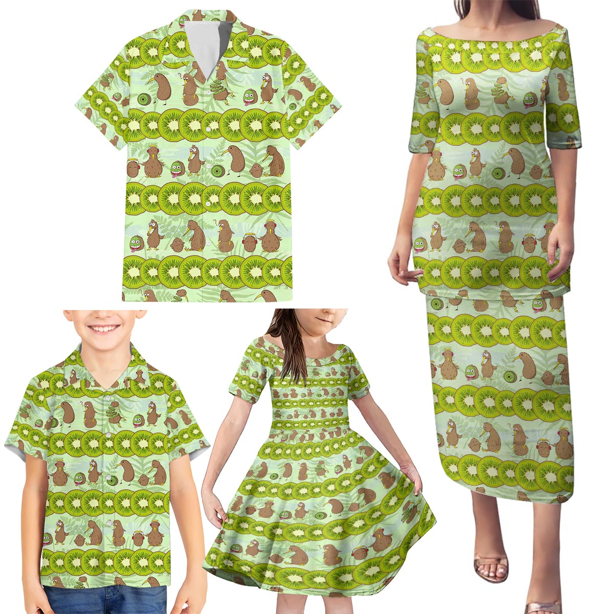 New Zealand Kiwi Fruit Witty Kiwi Bird Family Matching Puletasi and Hawaiian Shirt DT02 - Polynesian Pride